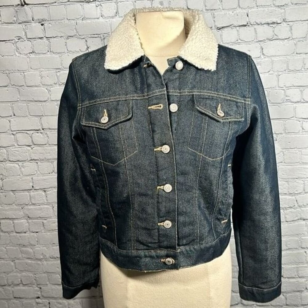 Old Navy Sherpa Lined Jean Denim Trucker Jacket Y2K Vintage Warm Women Sz M NWOT - Picture 2 of 16